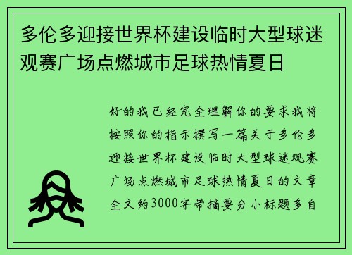多伦多迎接世界杯建设临时大型球迷观赛广场点燃城市足球热情夏日