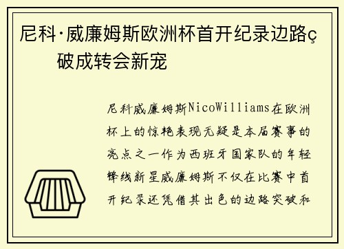 尼科·威廉姆斯欧洲杯首开纪录边路爆破成转会新宠