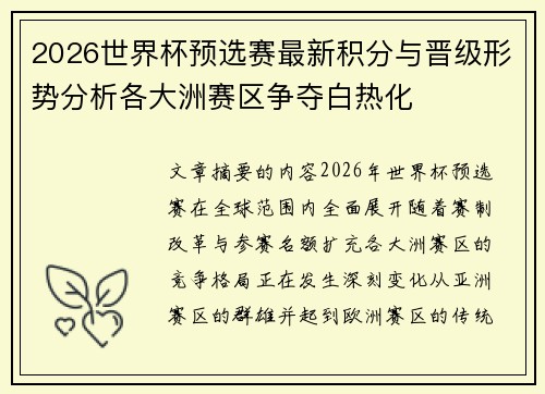 2026世界杯预选赛最新积分与晋级形势分析各大洲赛区争夺白热化