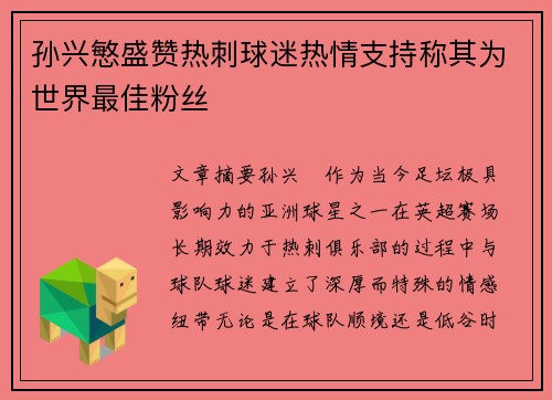 孙兴慜盛赞热刺球迷热情支持称其为世界最佳粉丝