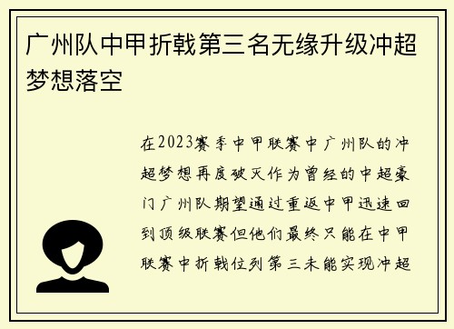 广州队中甲折戟第三名无缘升级冲超梦想落空